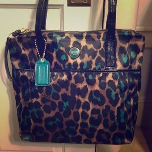 Coach teal leopard print zippered tote